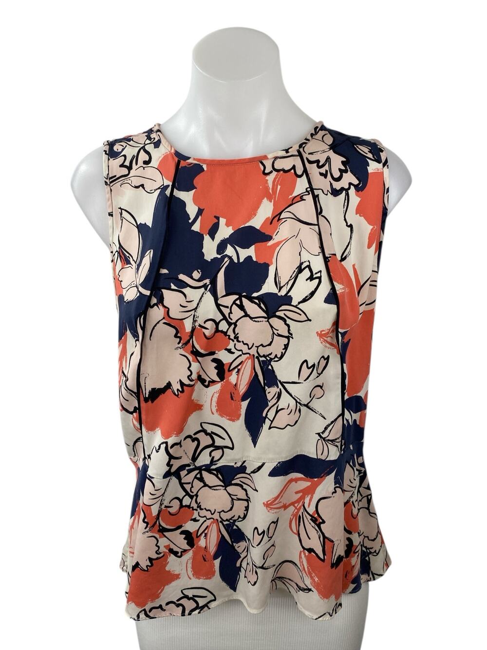 Emerson Rose Multicolor Floral Silk Round Neck Sleeveless Peplum Blouse Top Sz L